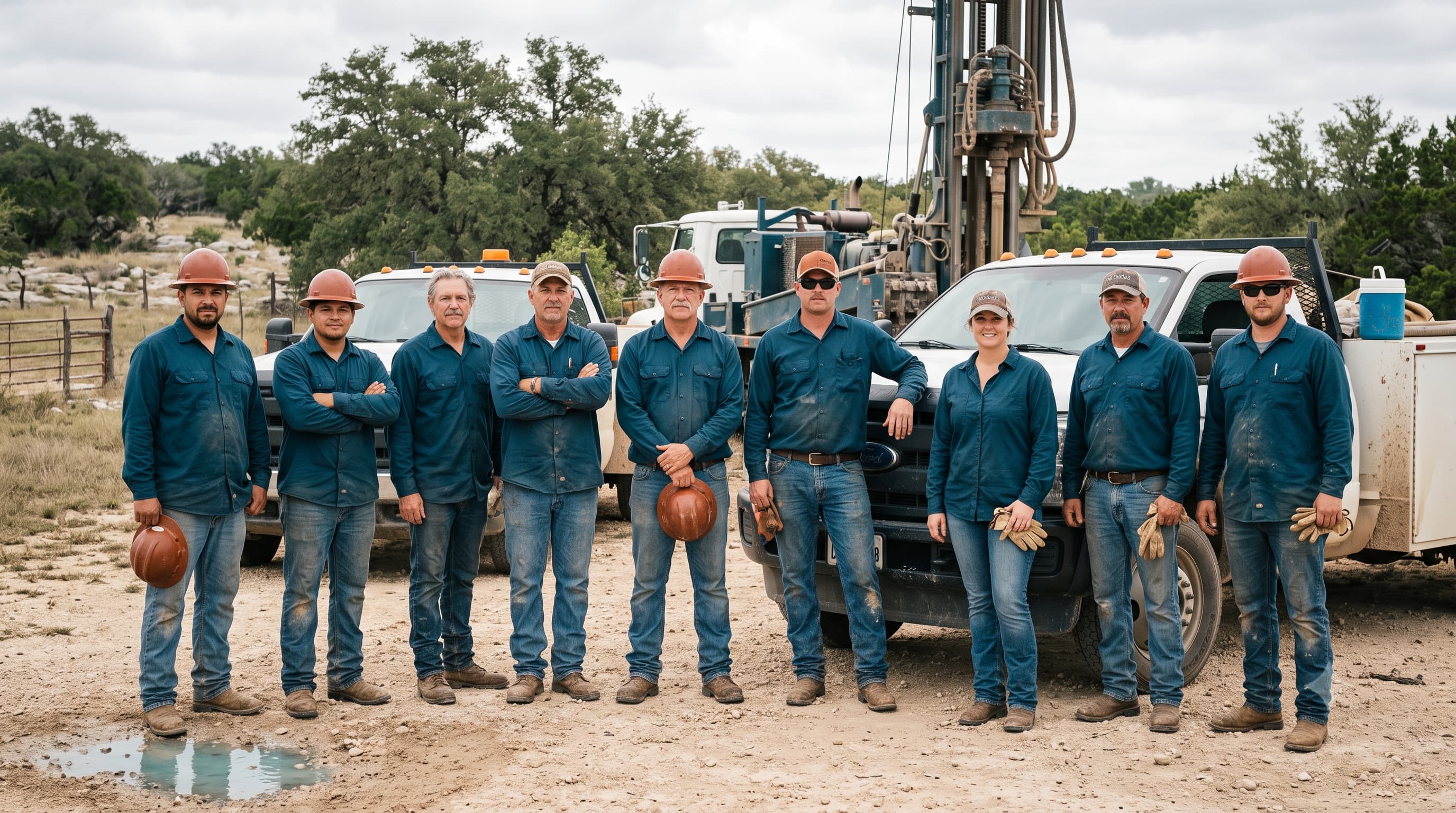The Sterling Ridge team standing in front of their service trucks in Belton, Texas