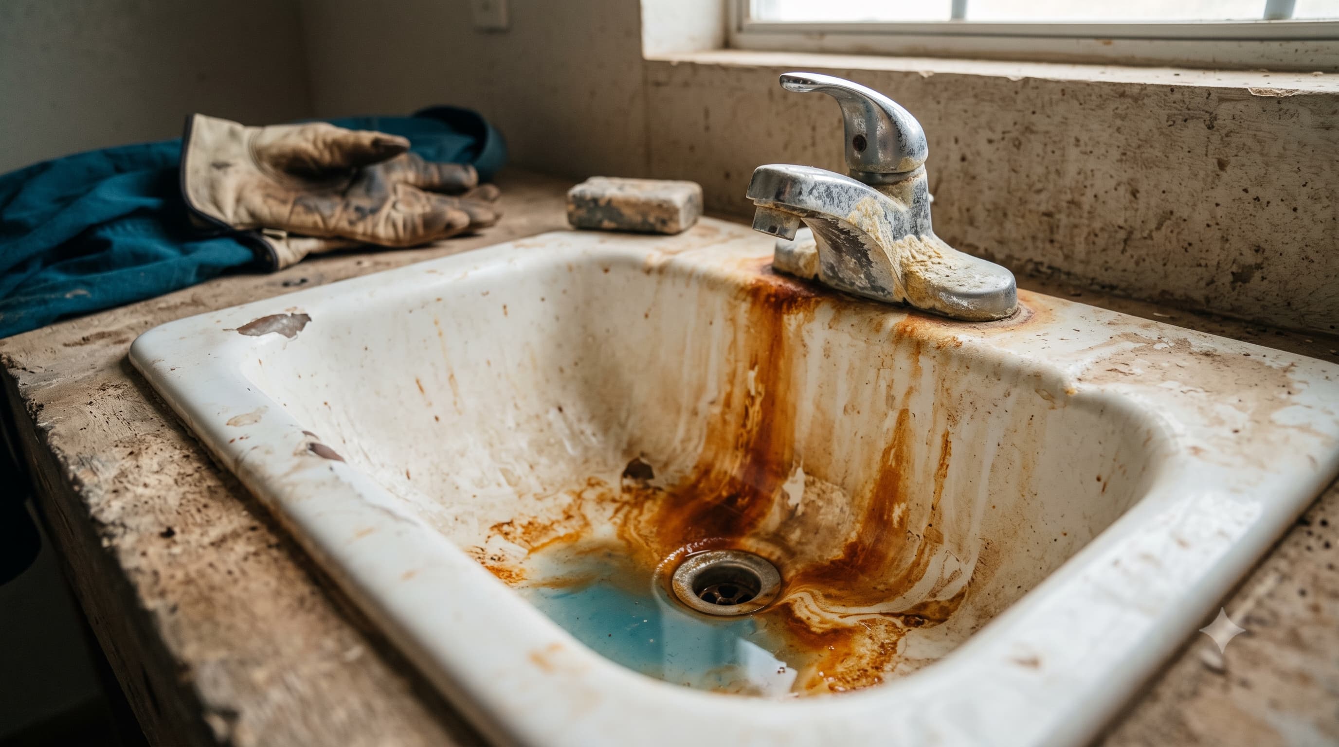 Orange iron staining on a white porcelain sink and fixtures
