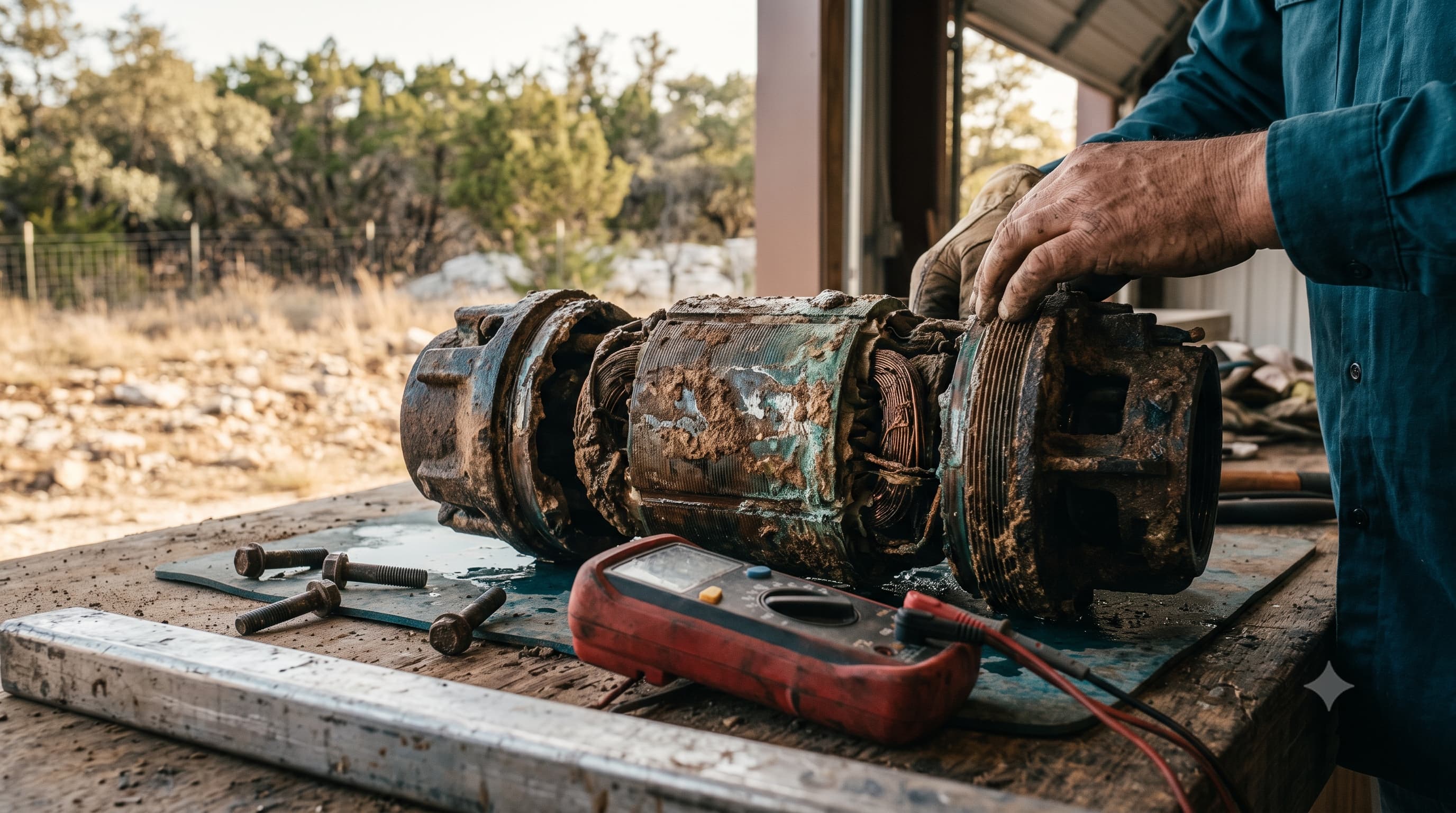 Worn submersible well pump laid out on a workbench for diagnosis