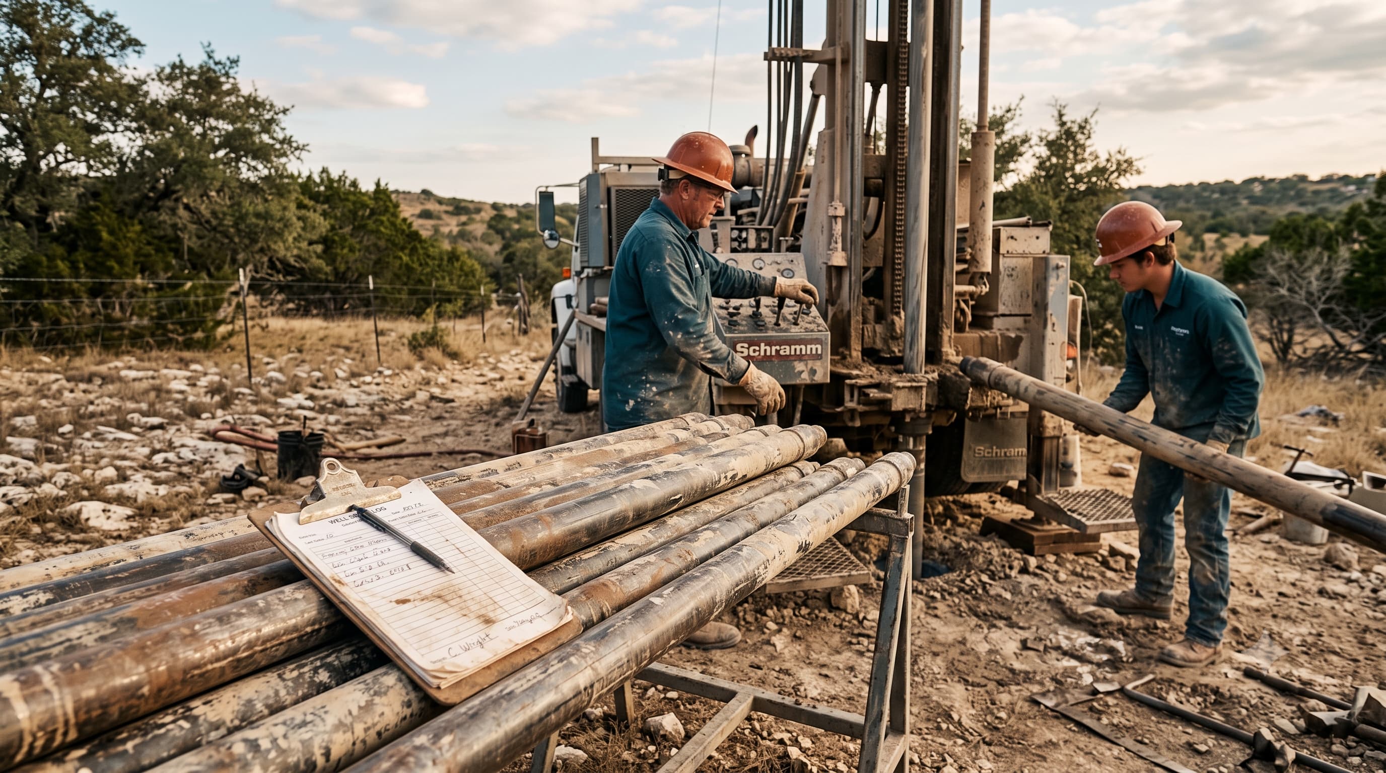 Drill pipe stacked beside a rig with a written estimate on a clipboard