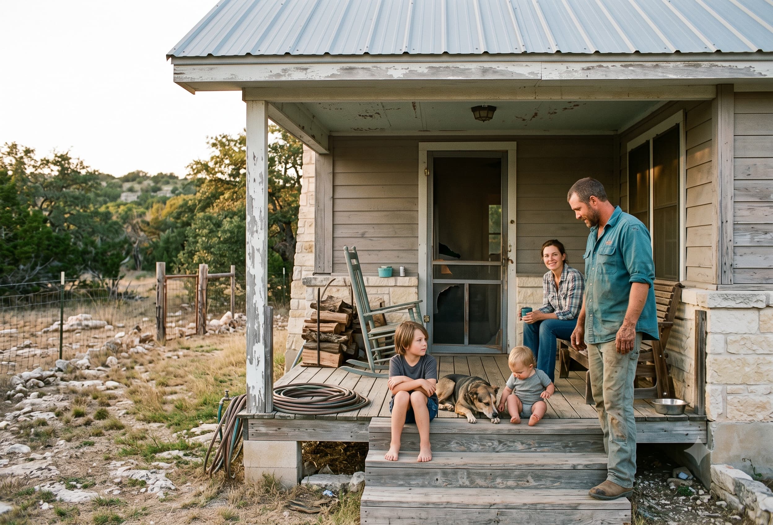 Central Texas family outside their rural home, where well water financing is available