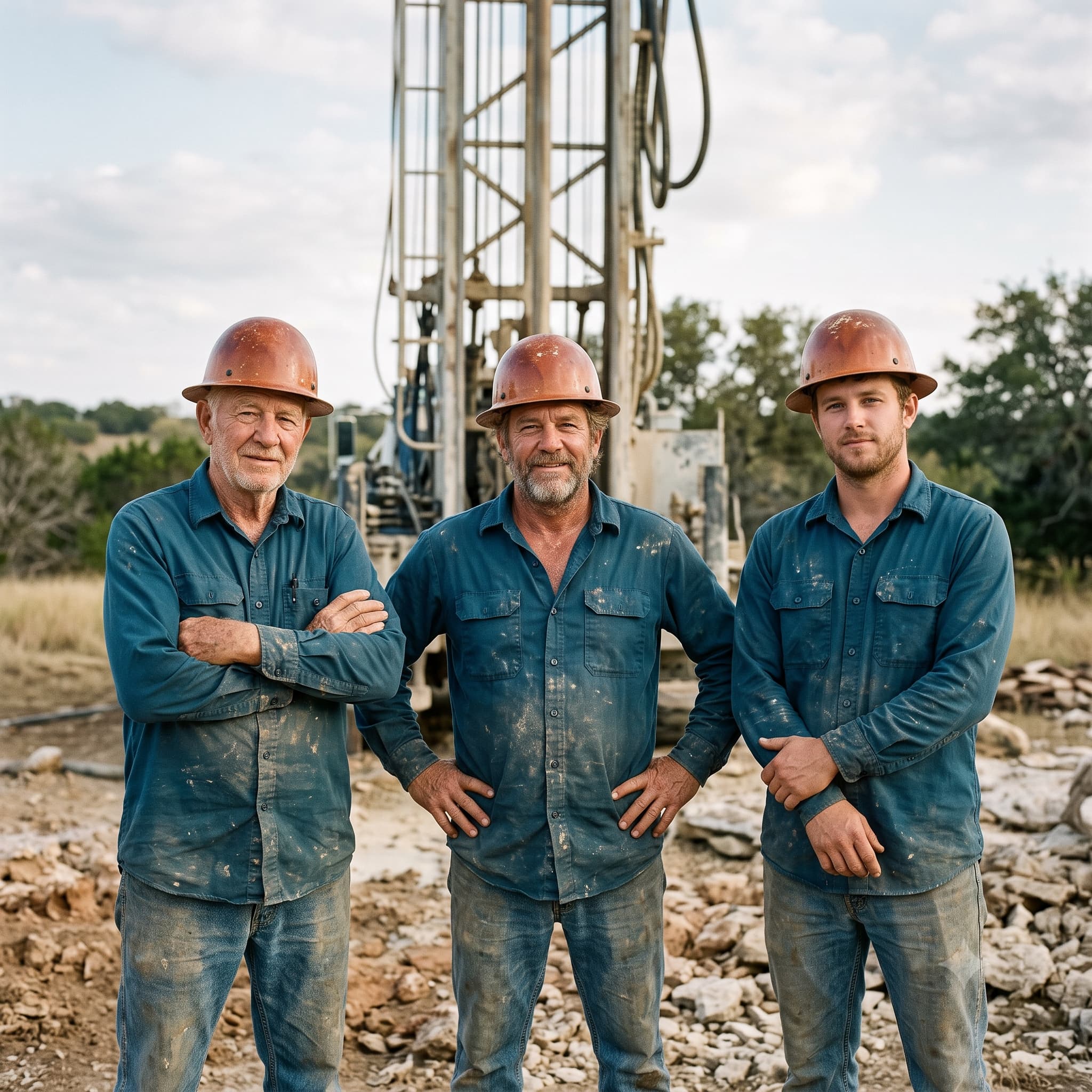 Three generations of the Sterling Ridge family standing in front of a drilling rig