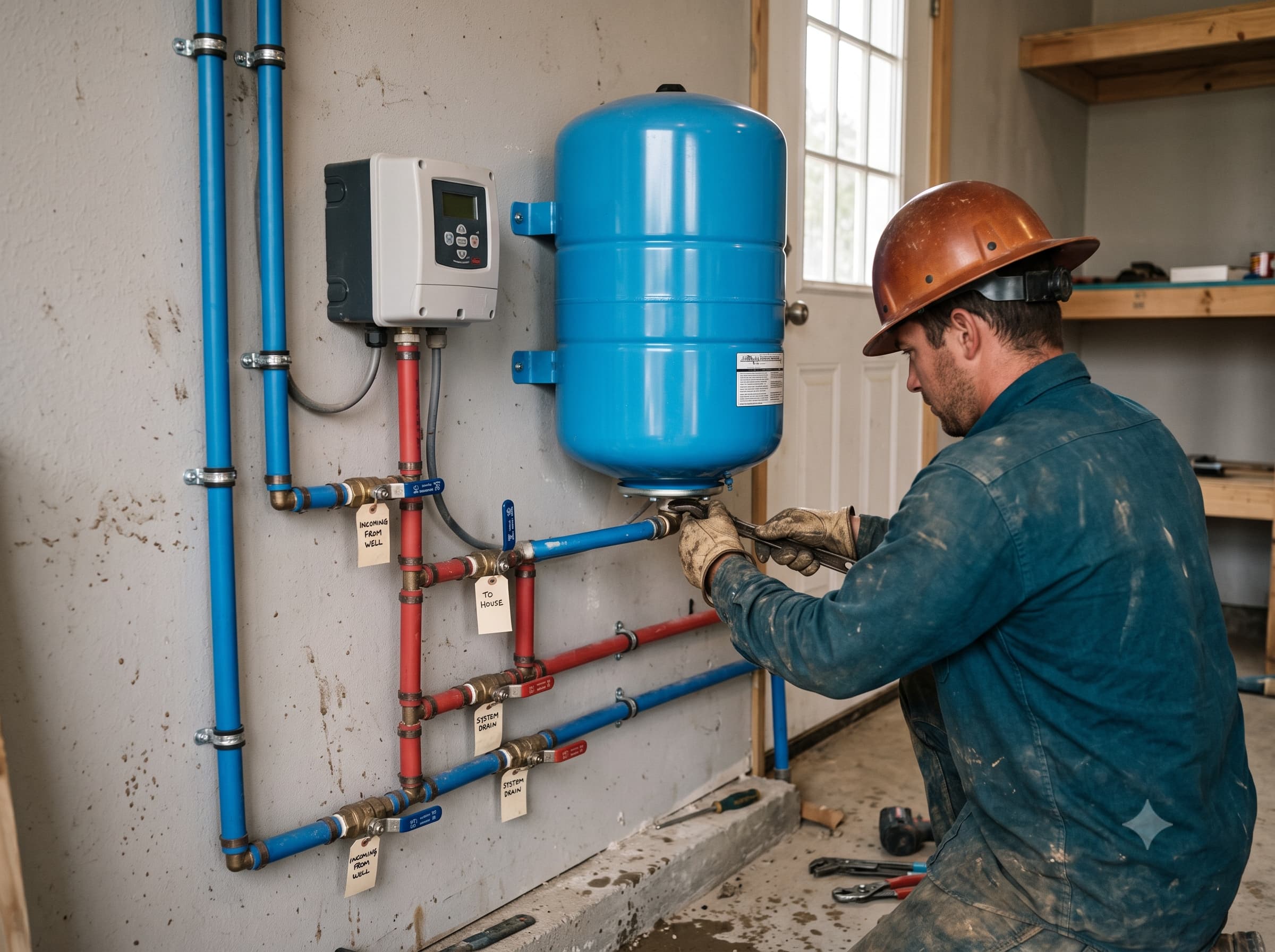 Constant pressure system controller and pressure tank installed in a garage in Georgetown, Texas