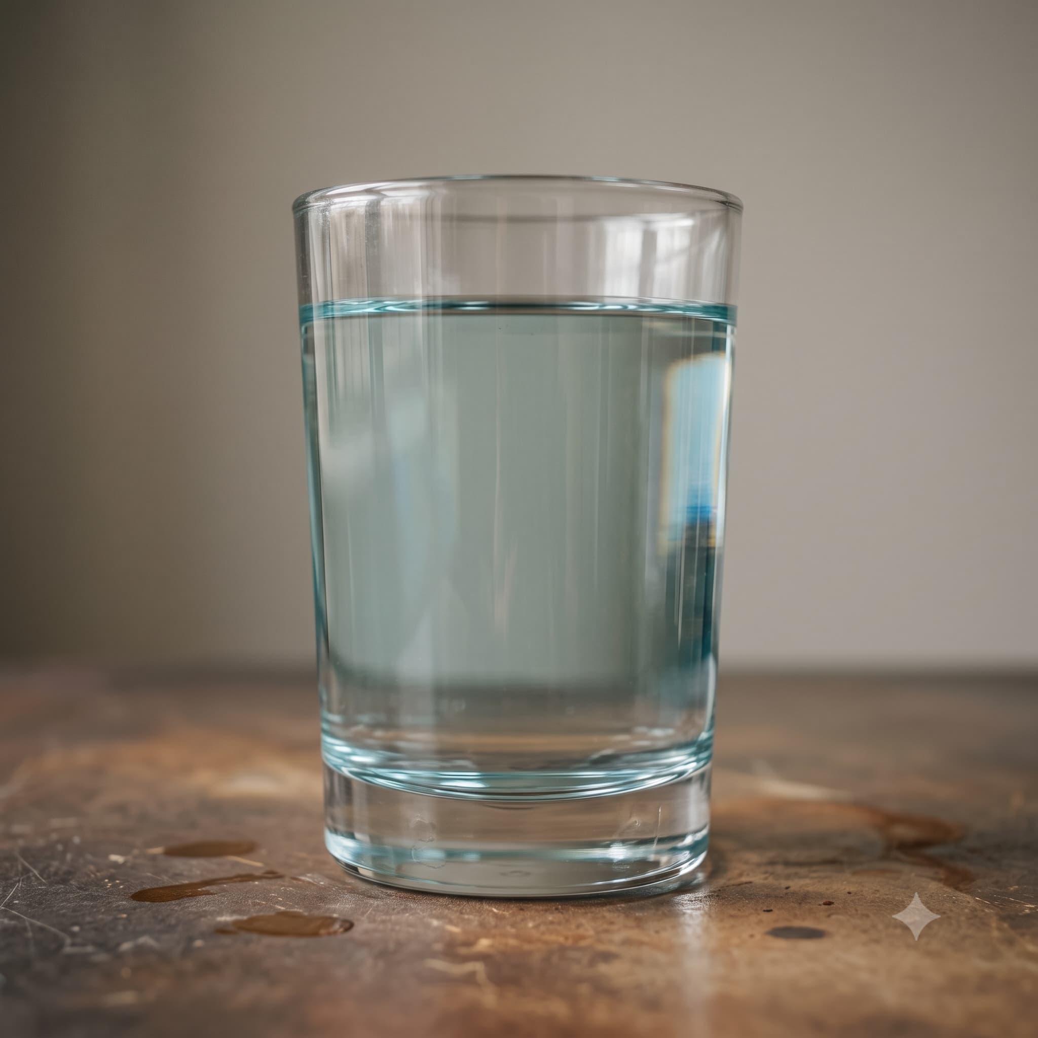 The same glass filled with clear, treated well water after a filtration system was installed