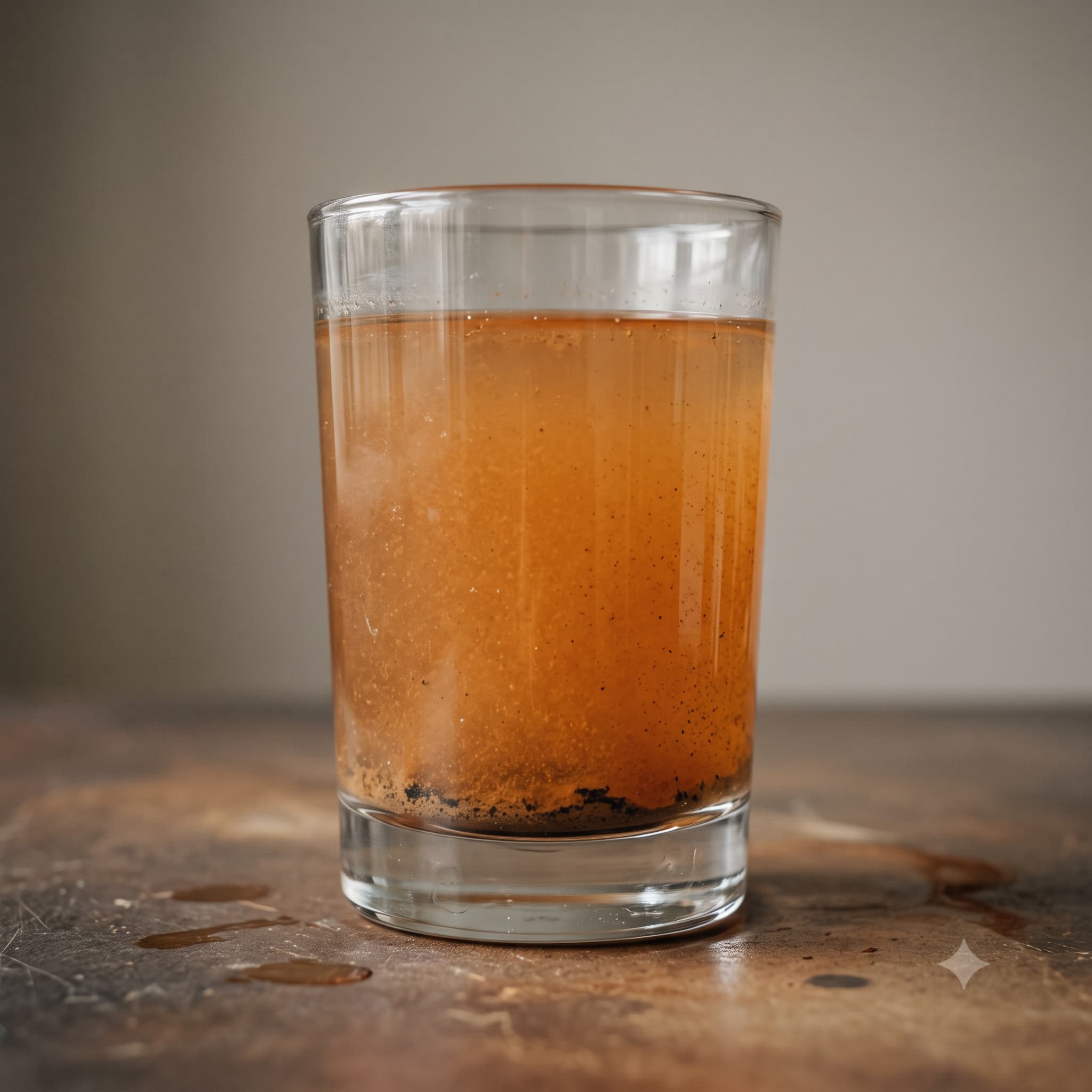 A glass of rusty orange-brown well water before treatment