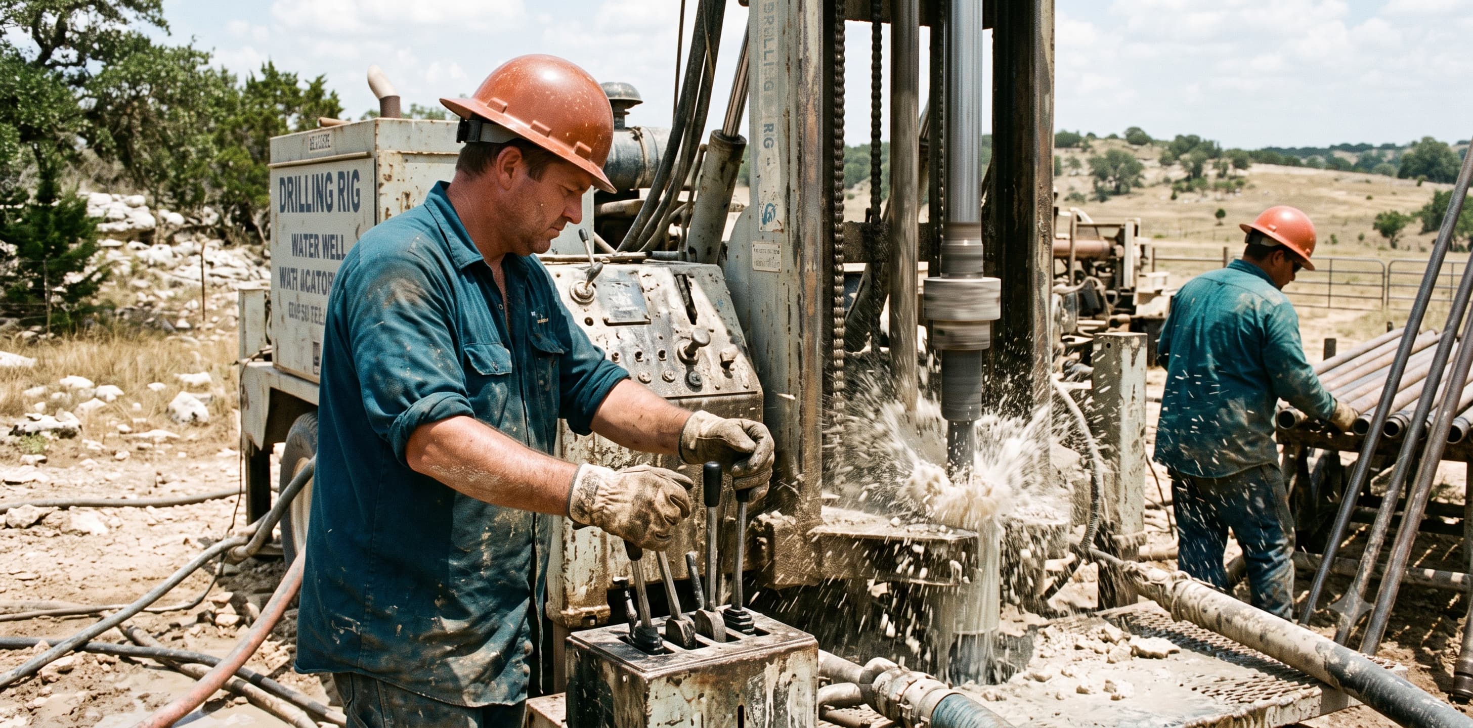 Water well drilling rig at work on a rural property in Central Texas