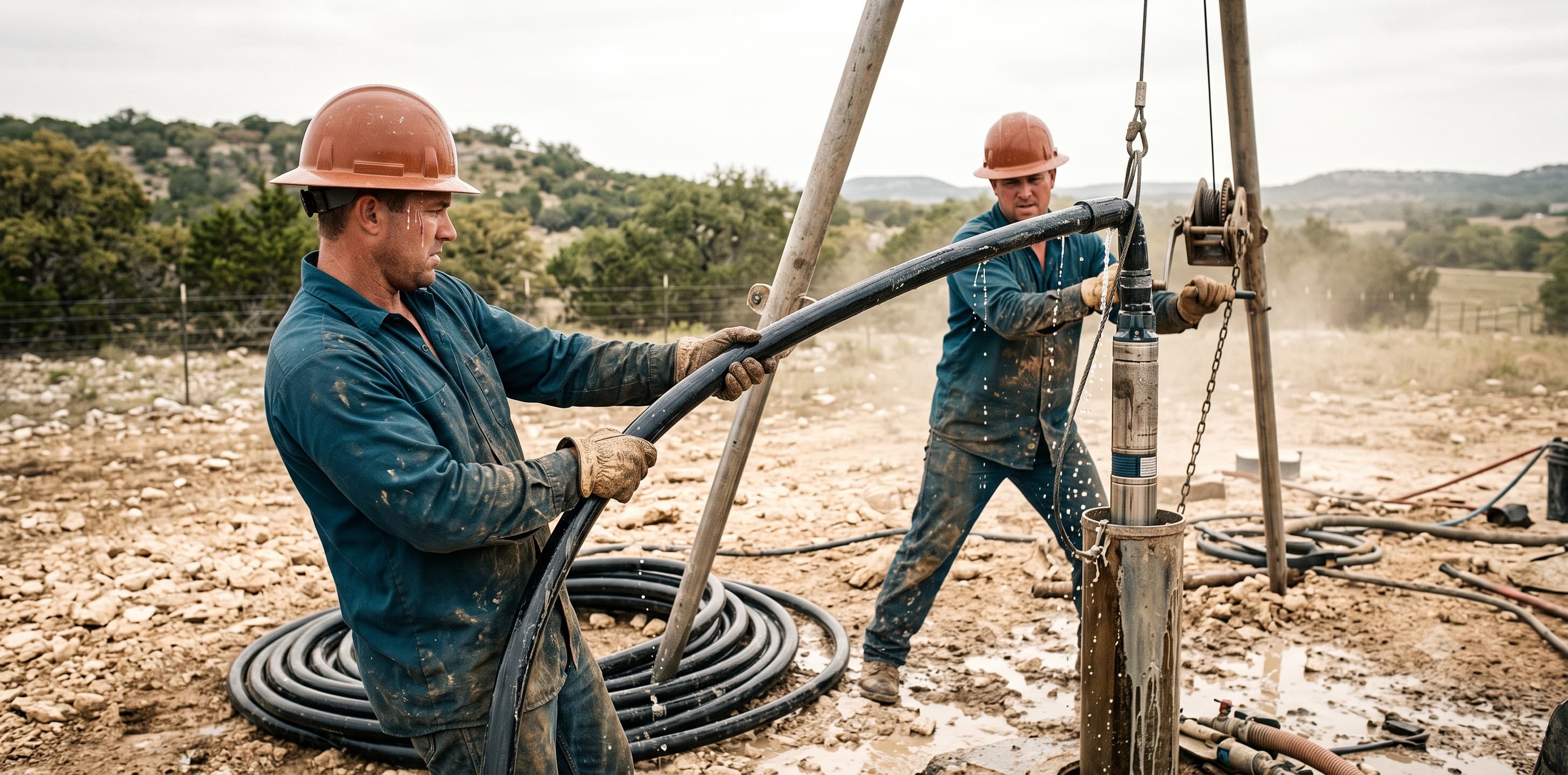 Technician pulling a submersible pump on drop pipe from a residential well