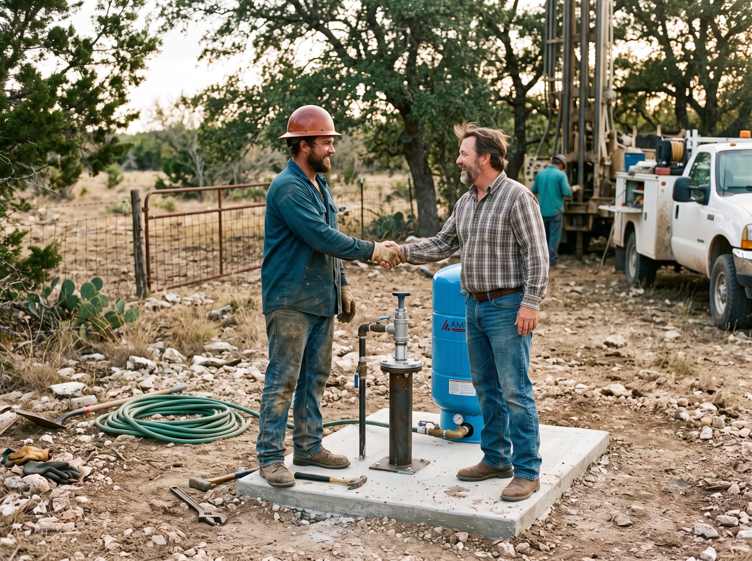 Sterling Ridge technician shaking hands with a satisfied homeowner beside a new well head