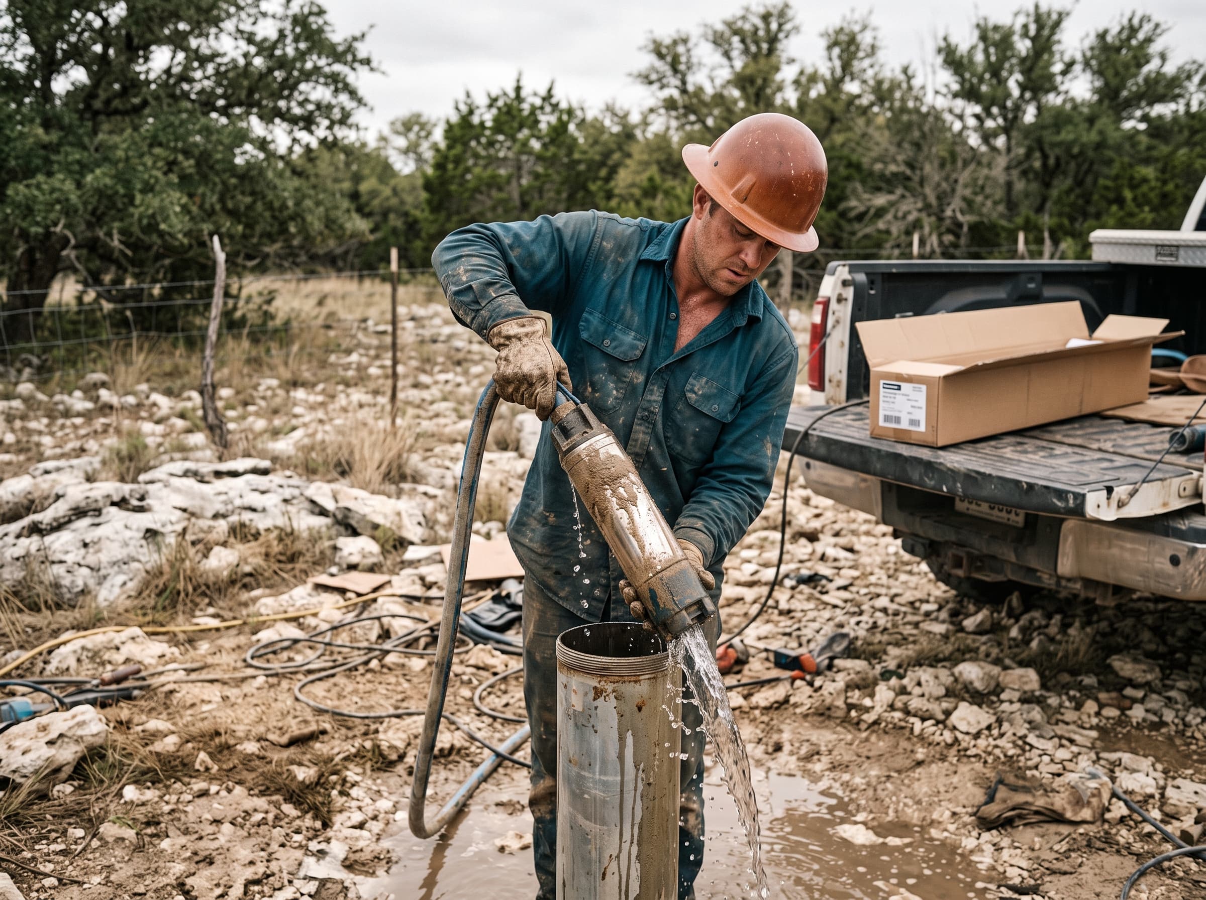 Technician lifting a submersible well pump on drop pipe during an emergency replacement