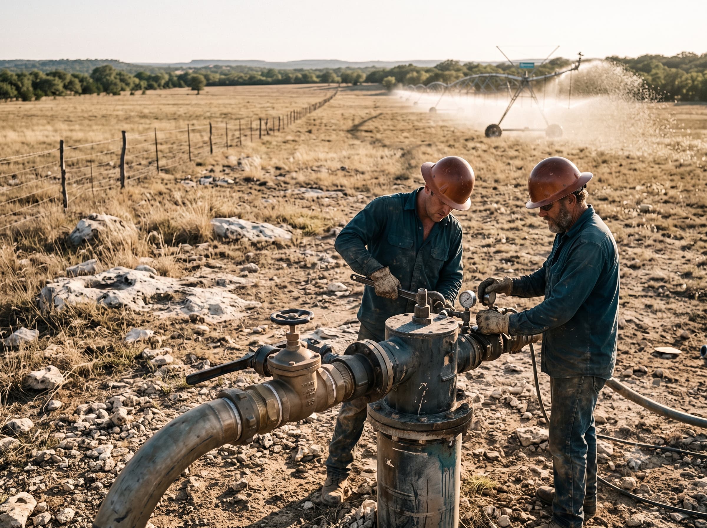 High-capacity agricultural irrigation well head in a Central Texas pasture