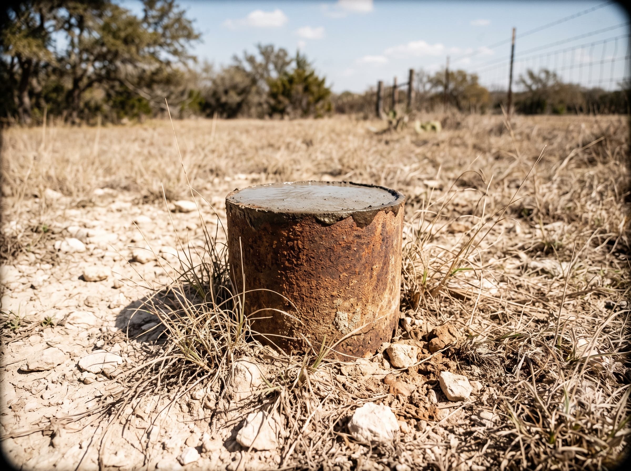 Properly abandoned and plugged old water well capped with cement