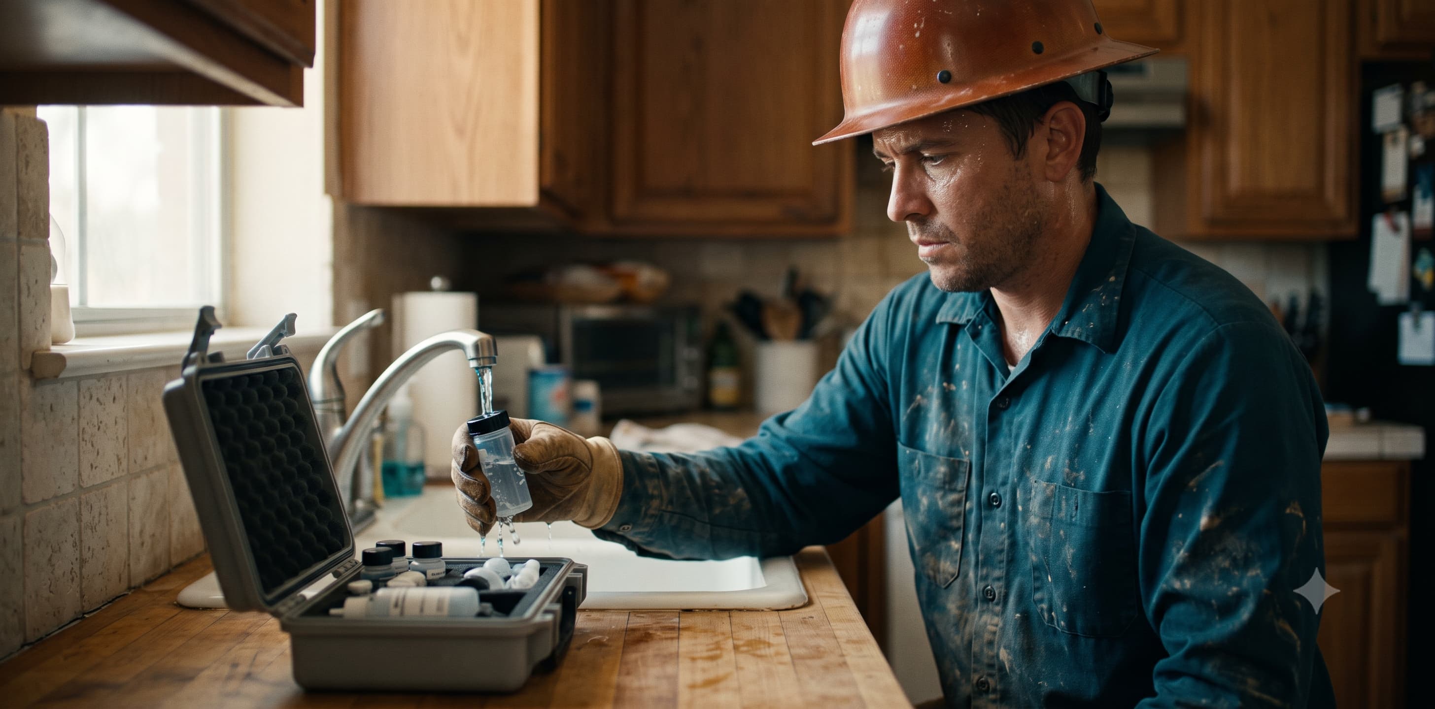 Technician collecting a well water sample into a lab vial at a kitchen sink